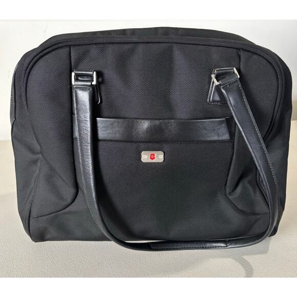 VICTORINOX Black Bag Leather Trim Travel Gym Weekender Double Strap Swiss Army - Picture 1 of 14